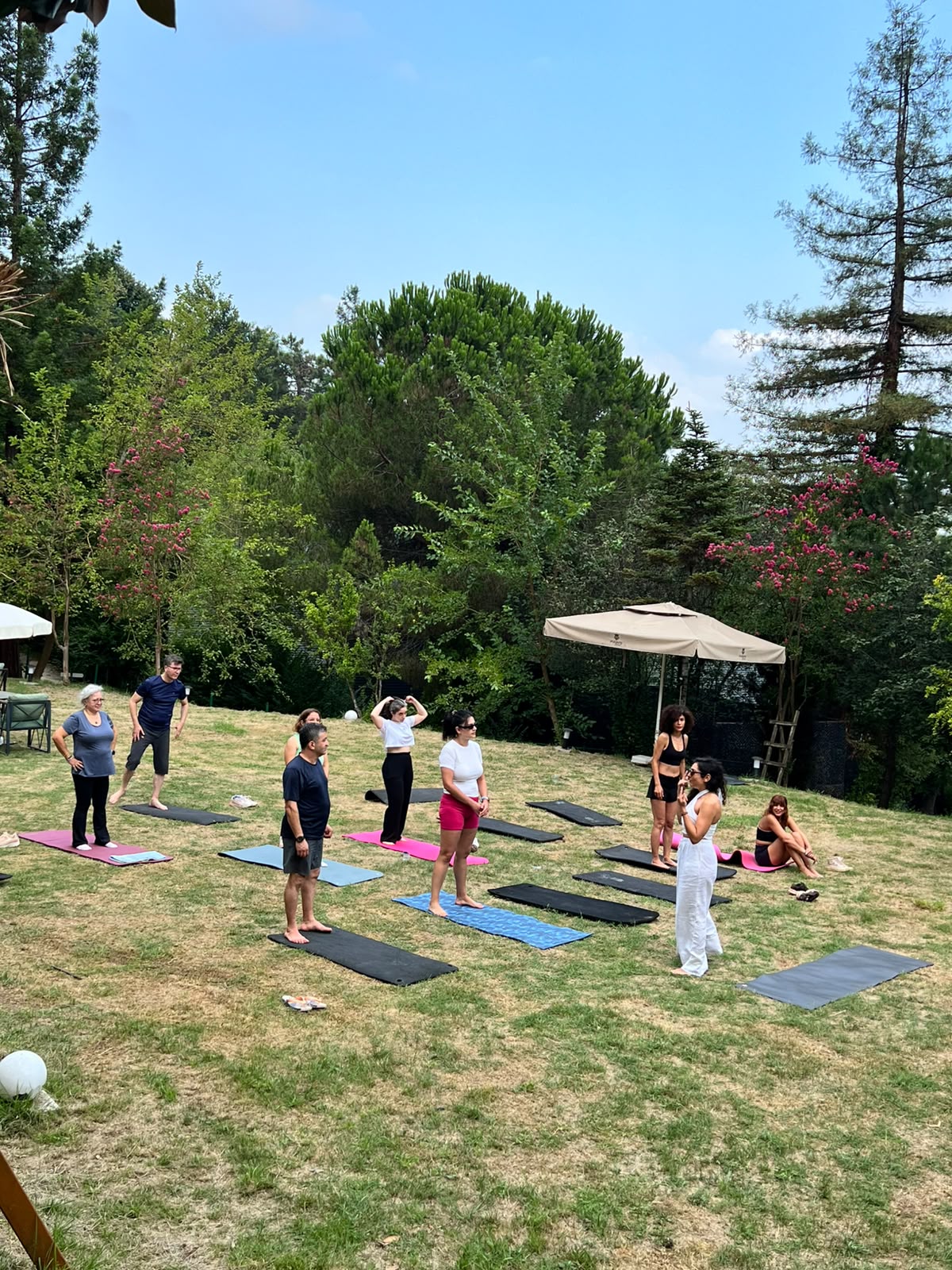 Eğitmen eşliğinde açık hava yoga dersi
